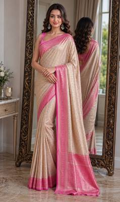Off white pink soft kanjivaram silk blend banarasi jacuard work festive saree with unstitched blouse piece 1
