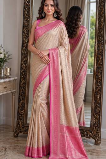 Off white pink soft kanjivaram silk blend banarasi jacuard work festive saree with unstitched blouse piece