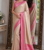 Off white pink soft kanjivaram silk blend banarasi jacuard work festive saree with unstitched blouse piece