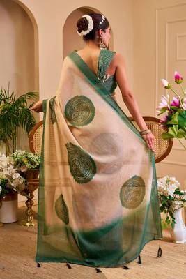 cream green cotton blend zari weaving floral digital print festive saree with unstitched blouse piece 4