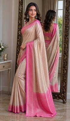 Off white pink soft kanjivaram silk blend banarasi jacuard work festive saree with unstitched blouse piece 3