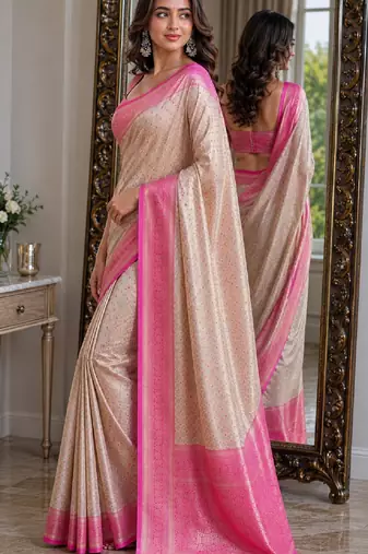 Off white pink soft kanjivaram silk blend banarasi jacuard work festive saree with unstitched blouse piece