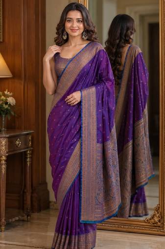 Wine soft silk blend banarasi jacuard work festive saree with unstitched blouse piece