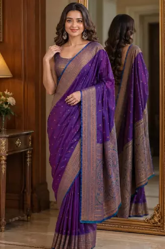 Wine soft silk blend banarasi jacuard work festive saree with unstitched blouse piece
