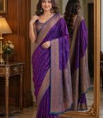 Wine soft silk blend banarasi jacuard work festive saree with unstitched blouse piece