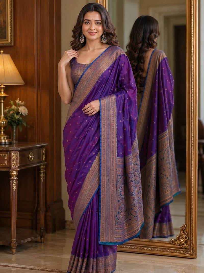 Wine soft silk blend banarasi jacuard work festive saree with unstitched blouse piece