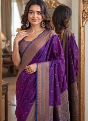 Wine soft silk blend banarasi jacuard work festive saree with unstitched blouse piece 2