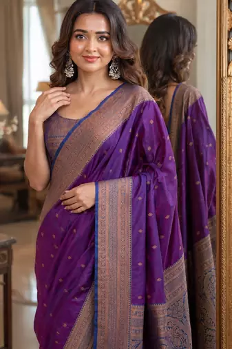Wine soft silk blend banarasi jacuard work festive saree with unstitched blouse piece