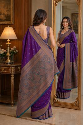 Wine soft silk blend banarasi jacuard work festive saree with unstitched blouse piece 3