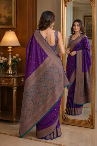 Wine soft silk blend banarasi jacuard work festive saree with unstitched blouse piece