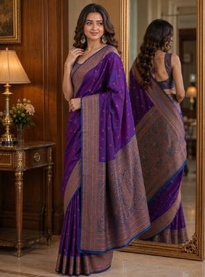 Wine soft silk blend banarasi jacuard work festive saree with unstitched blouse piece 4