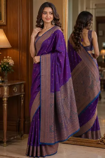 Wine soft silk blend banarasi jacuard work festive saree with unstitched blouse piece