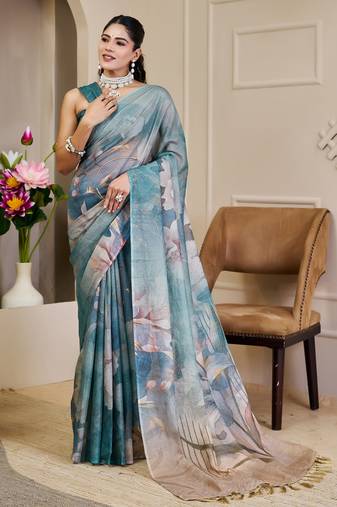 teal cotton blend zari weaving floral digital print festive saree with unstitched blouse piece
