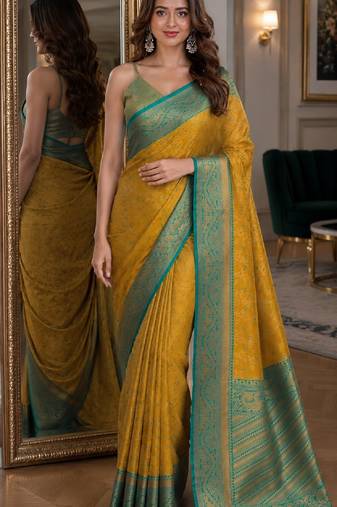 Yellow soft silk blend banarasi jacuard work festive saree with unstitched blouse piece