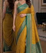 Yellow soft silk blend banarasi jacuard work festive saree with unstitched blouse piece