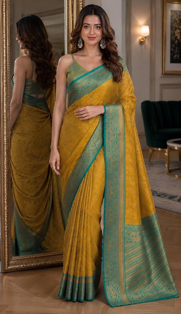 Yellow soft silk blend banarasi jacuard work festive saree with unstitched blouse piece