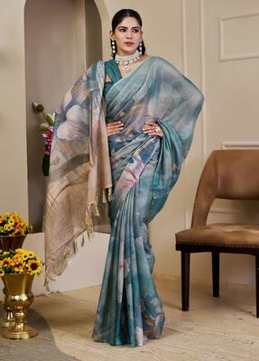 teal cotton blend zari weaving floral digital print festive saree with unstitched blouse piece 2