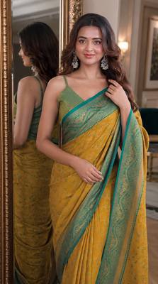 Yellow soft silk blend banarasi jacuard work festive saree with unstitched blouse piece 2