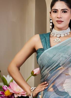 teal cotton blend zari weaving floral digital print festive saree with unstitched blouse piece 3