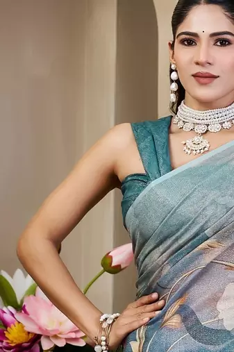 teal cotton blend zari weaving floral digital print festive saree with unstitched blouse piece