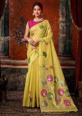 yellow khadi cotton blend fabric woven designer fancy graceful saree 1