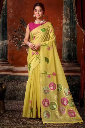 yellow khadi cotton blend fabric woven designer fancy graceful saree