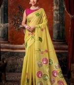 yellow khadi cotton blend fabric woven designer fancy graceful saree