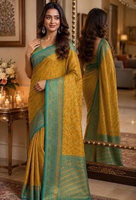 Yellow soft silk blend banarasi jacuard work festive saree with unstitched blouse piece 3