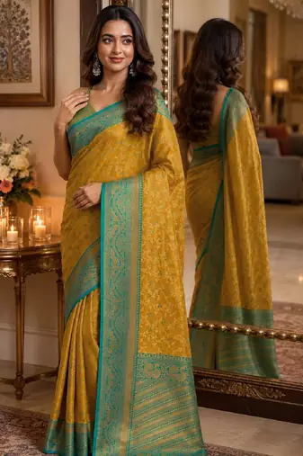 Yellow soft silk blend banarasi jacuard work festive saree with unstitched blouse piece