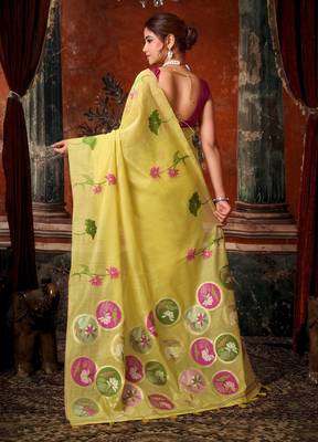 yellow khadi cotton blend fabric woven designer fancy graceful saree 2