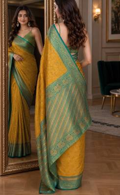 Yellow soft silk blend banarasi jacuard work festive saree with unstitched blouse piece 4