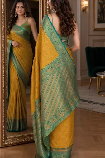 Yellow soft silk blend banarasi jacuard work festive saree with unstitched blouse piece