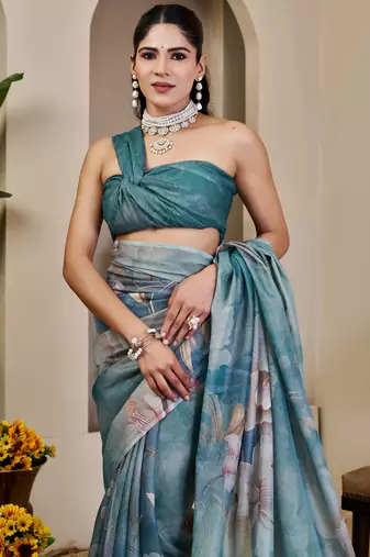 teal cotton blend zari weaving floral digital print festive saree with unstitched blouse piece