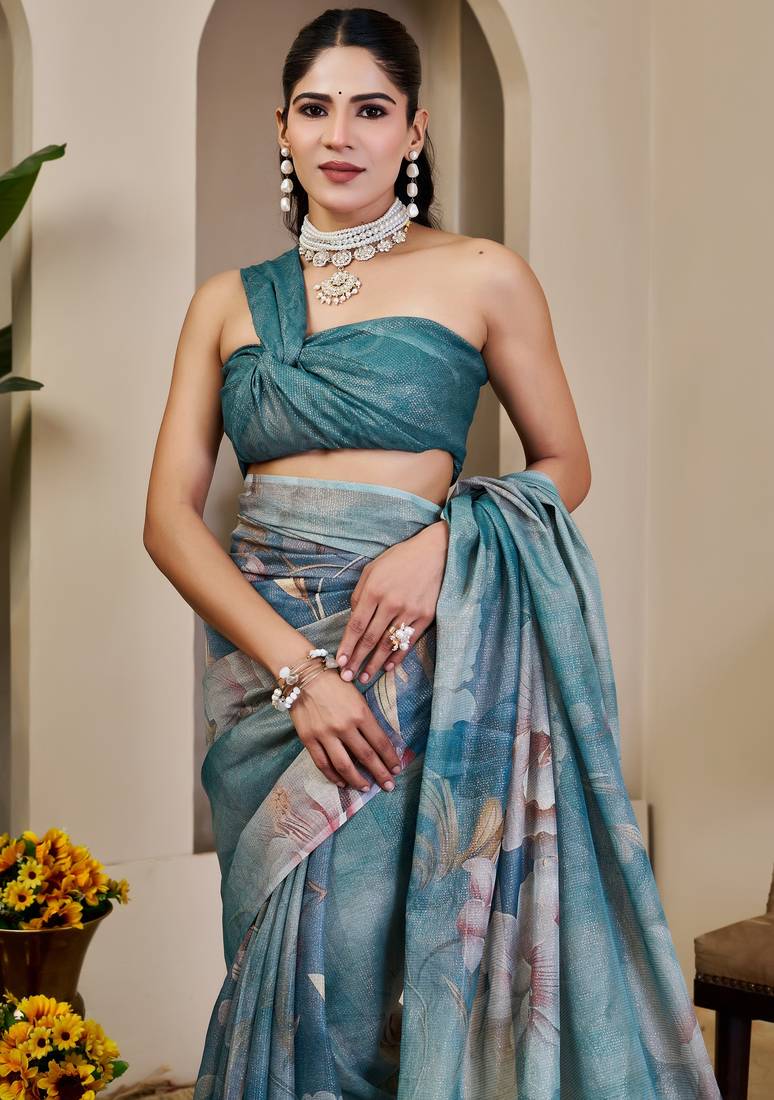 teal cotton blend zari weaving floral digital print festive saree with unstitched blouse piece