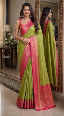 Parrot green soft silk blend banarasi jacuard work festive saree with unstitched blouse piece 1