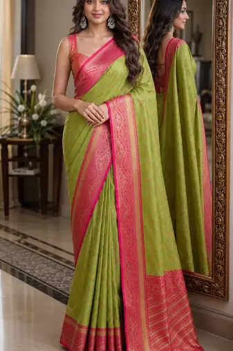 Parrot green soft silk blend banarasi jacuard work festive saree with unstitched blouse piece