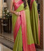 Parrot green soft silk blend banarasi jacuard work festive saree with unstitched blouse piece