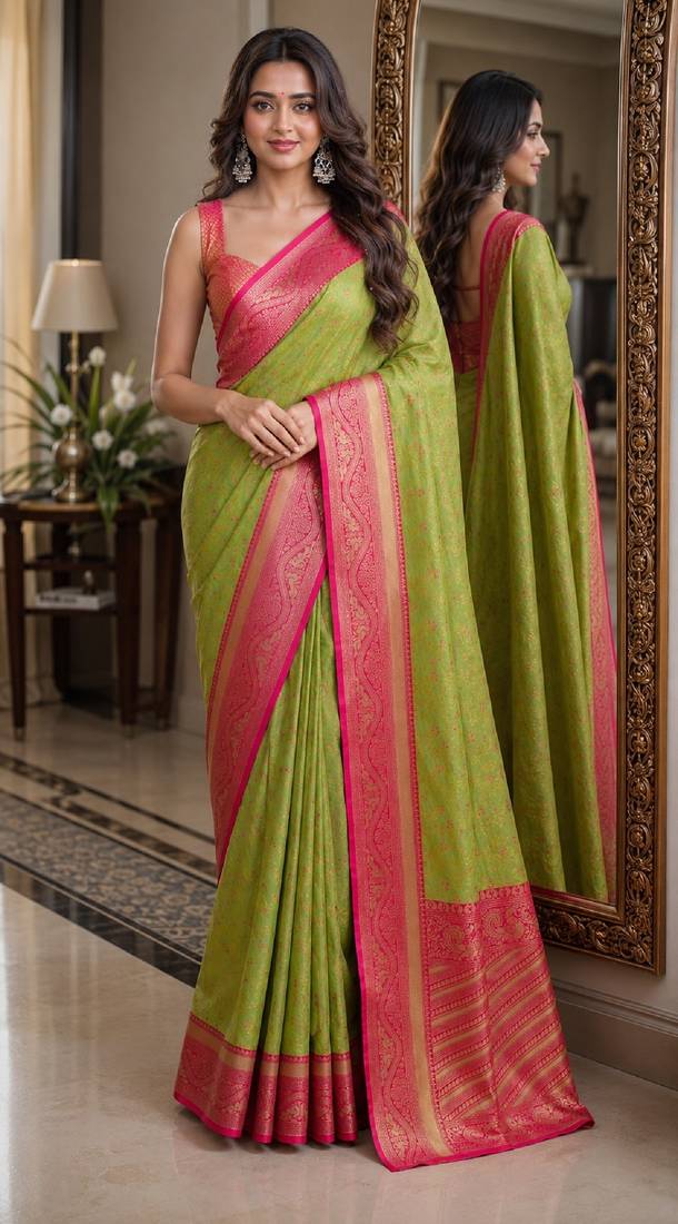 Parrot green soft silk blend banarasi jacuard work festive saree with unstitched blouse piece