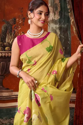 yellow khadi cotton blend fabric woven designer fancy graceful saree