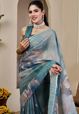 teal cotton blend zari weaving floral digital print festive saree with unstitched blouse piece 5