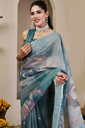 teal cotton blend zari weaving floral digital print festive saree with unstitched blouse piece