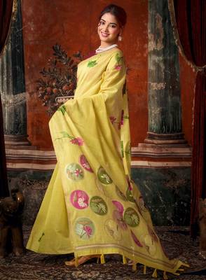 yellow khadi cotton blend fabric woven designer fancy graceful saree 4