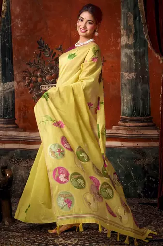 yellow khadi cotton blend fabric woven designer fancy graceful saree