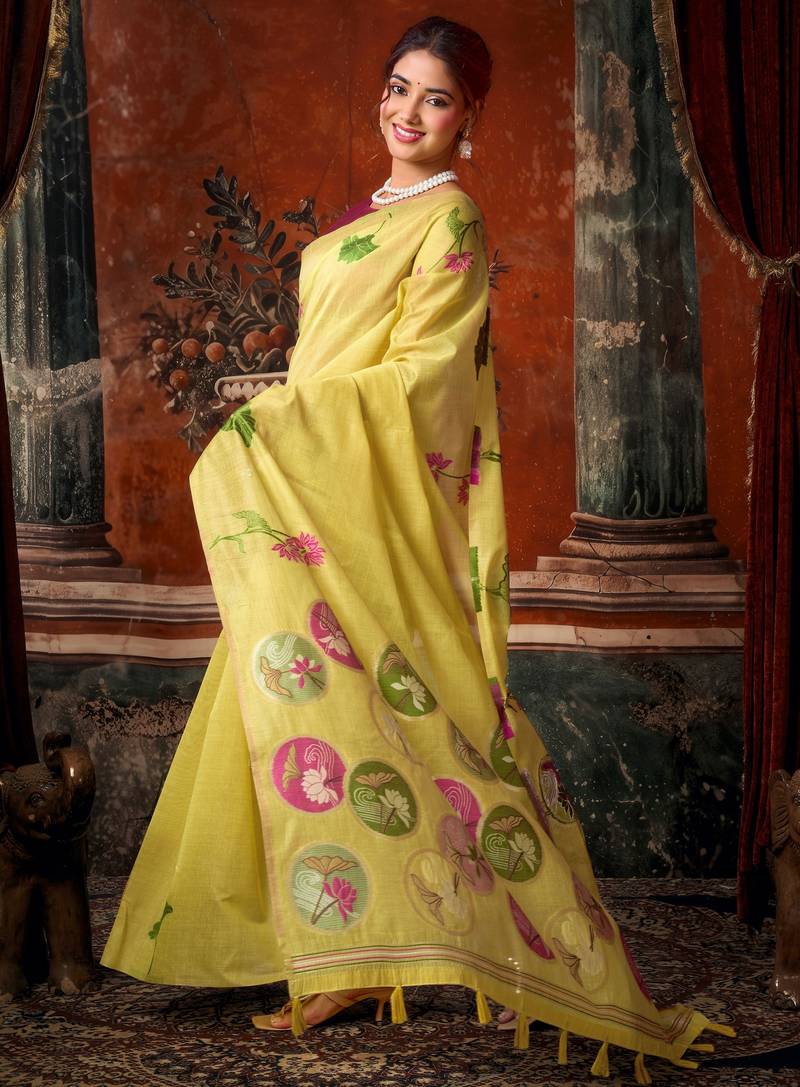 yellow khadi cotton blend fabric woven designer fancy graceful saree