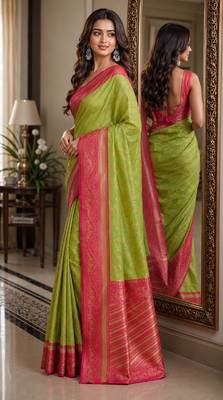 Parrot green soft silk blend banarasi jacuard work festive saree with unstitched blouse piece 3