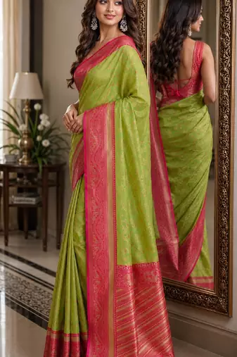 Parrot green soft silk blend banarasi jacuard work festive saree with unstitched blouse piece
