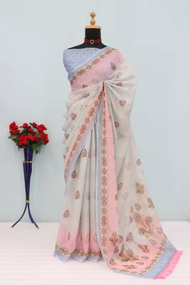 cream pink cotton blend zari weaving floral digital print festive saree with unstitched blouse piece 1