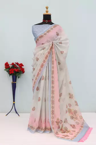 cream pink cotton blend zari weaving floral digital print festive saree with unstitched blouse piece