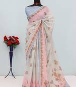 cream pink cotton blend zari weaving floral digital print festive saree with unstitched blouse piece