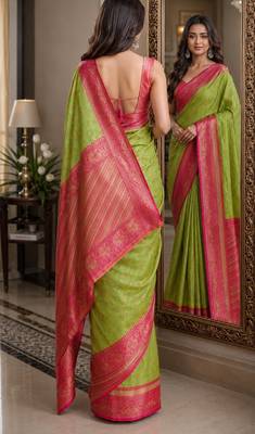 Parrot green soft silk blend banarasi jacuard work festive saree with unstitched blouse piece 4